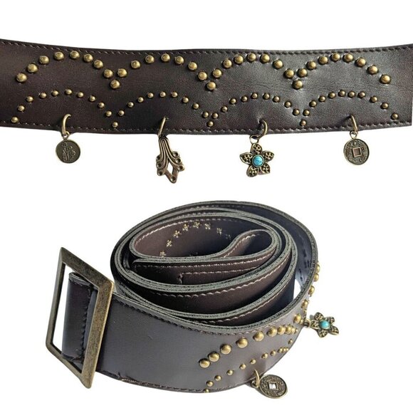 Vintage Accessories - Vtg Y2K Dangling Charm Wide Low Rise Studded Brown Faux Leather Belt Sz 48/1X